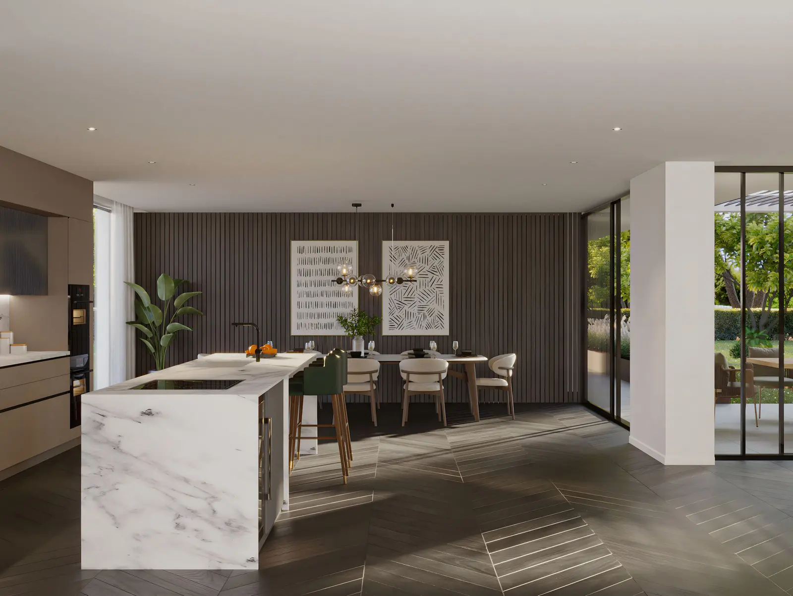 Nieuwe woon-eetkeuken met lange zichtlijn naar de tuin en het terras