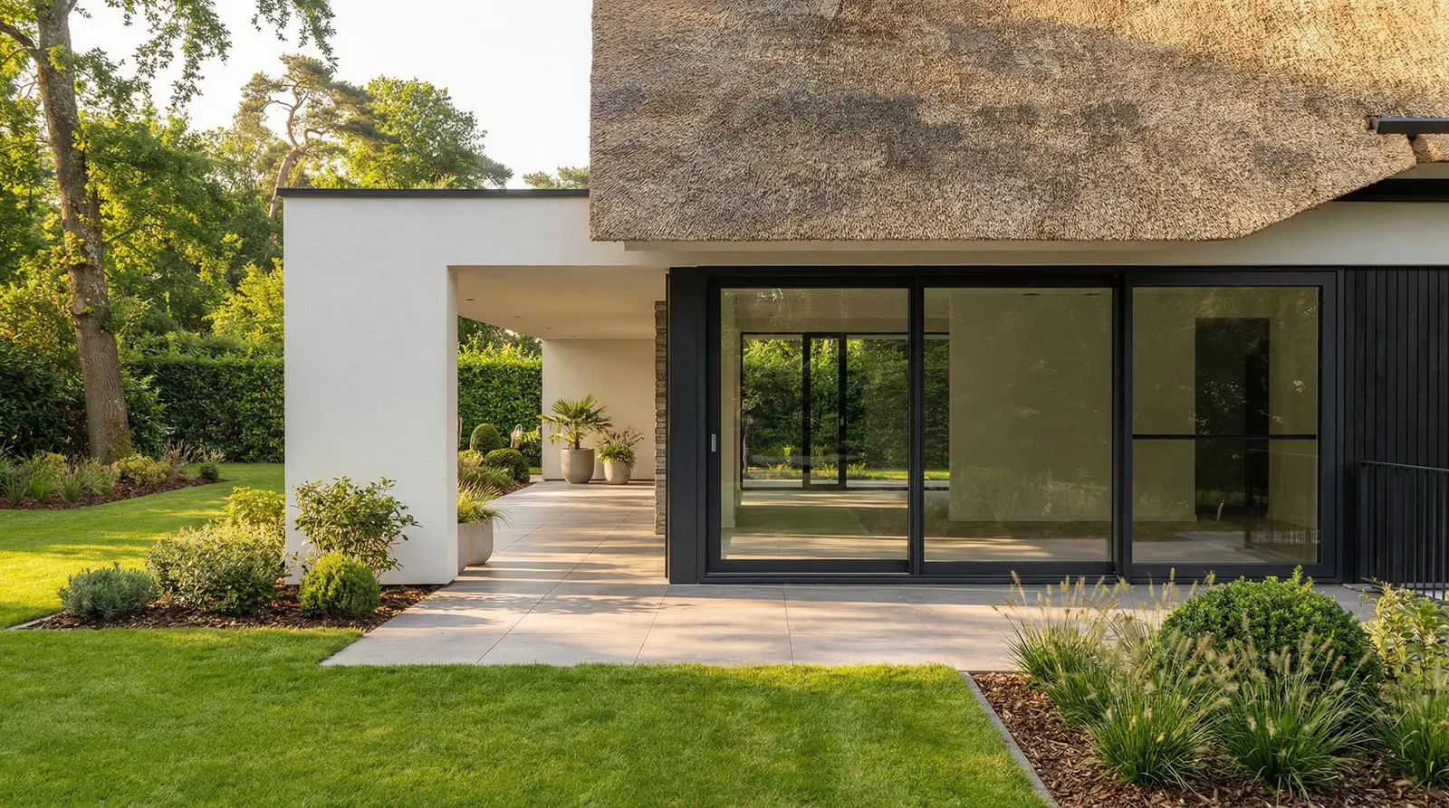 Combinatie van zwart hout, wit pleisterwerk en lamellen in de gevel van de villa