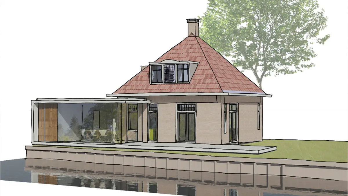 Glazen uitbouw eetkamer aan de Vecht Straatweg Breukelen, verbouw woning