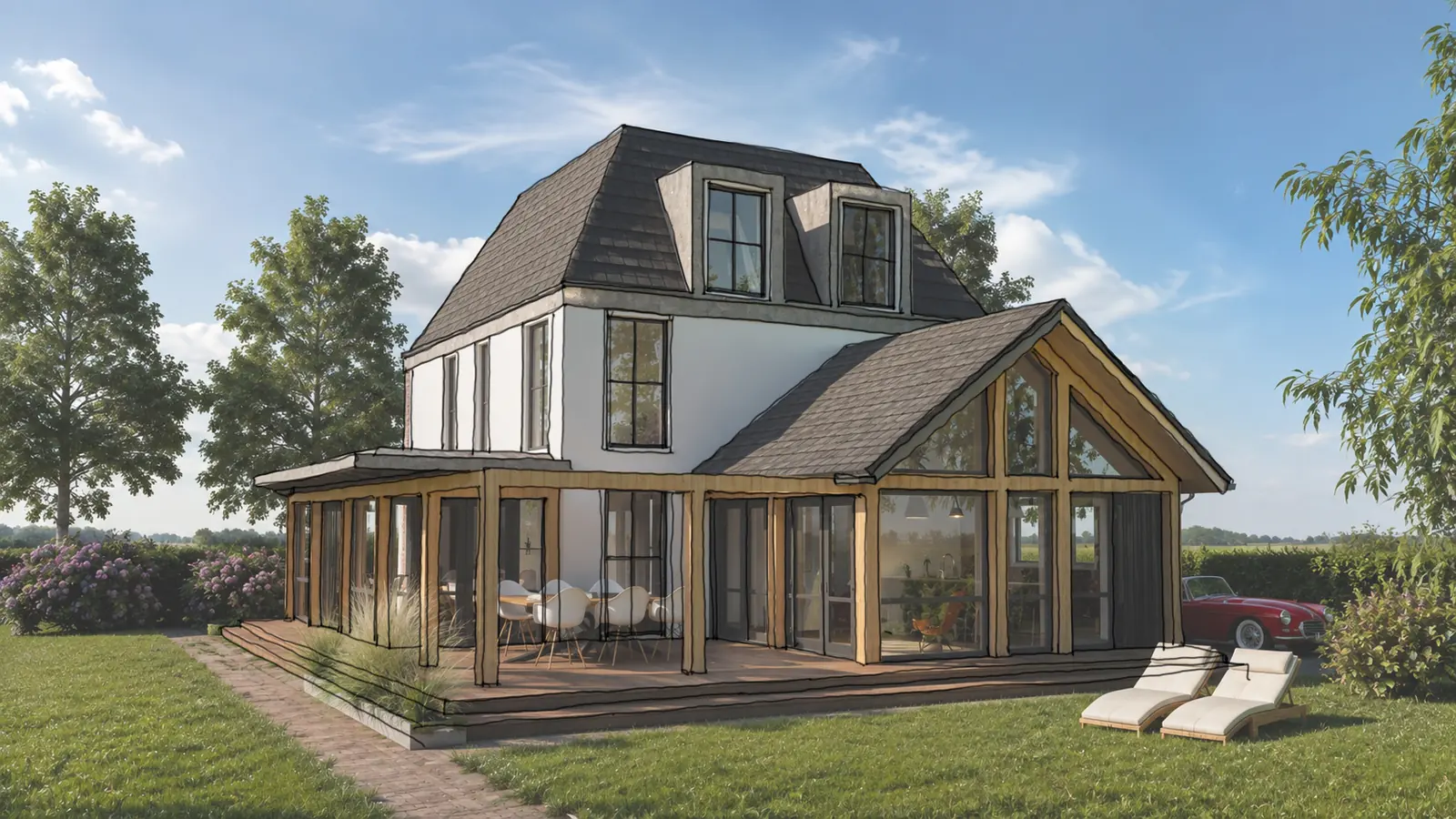 Schetsimpressie van een villa-transformatie in Breukelen met hogere kap en tuingerichte eetkeuken
