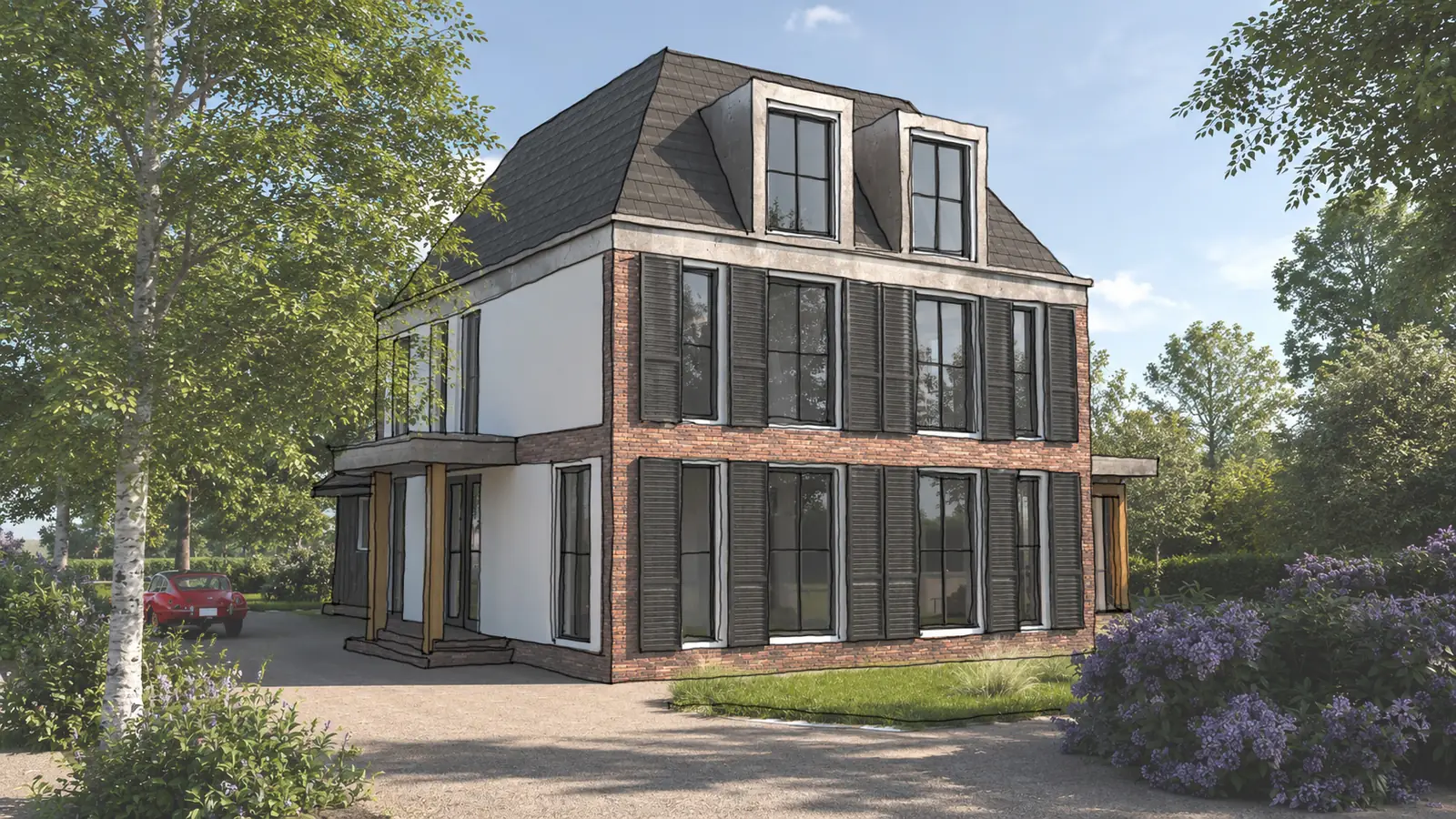 Voorgevel van een villa-transformatie in Breukelen met hoge ramen, luiken en nieuwe kap