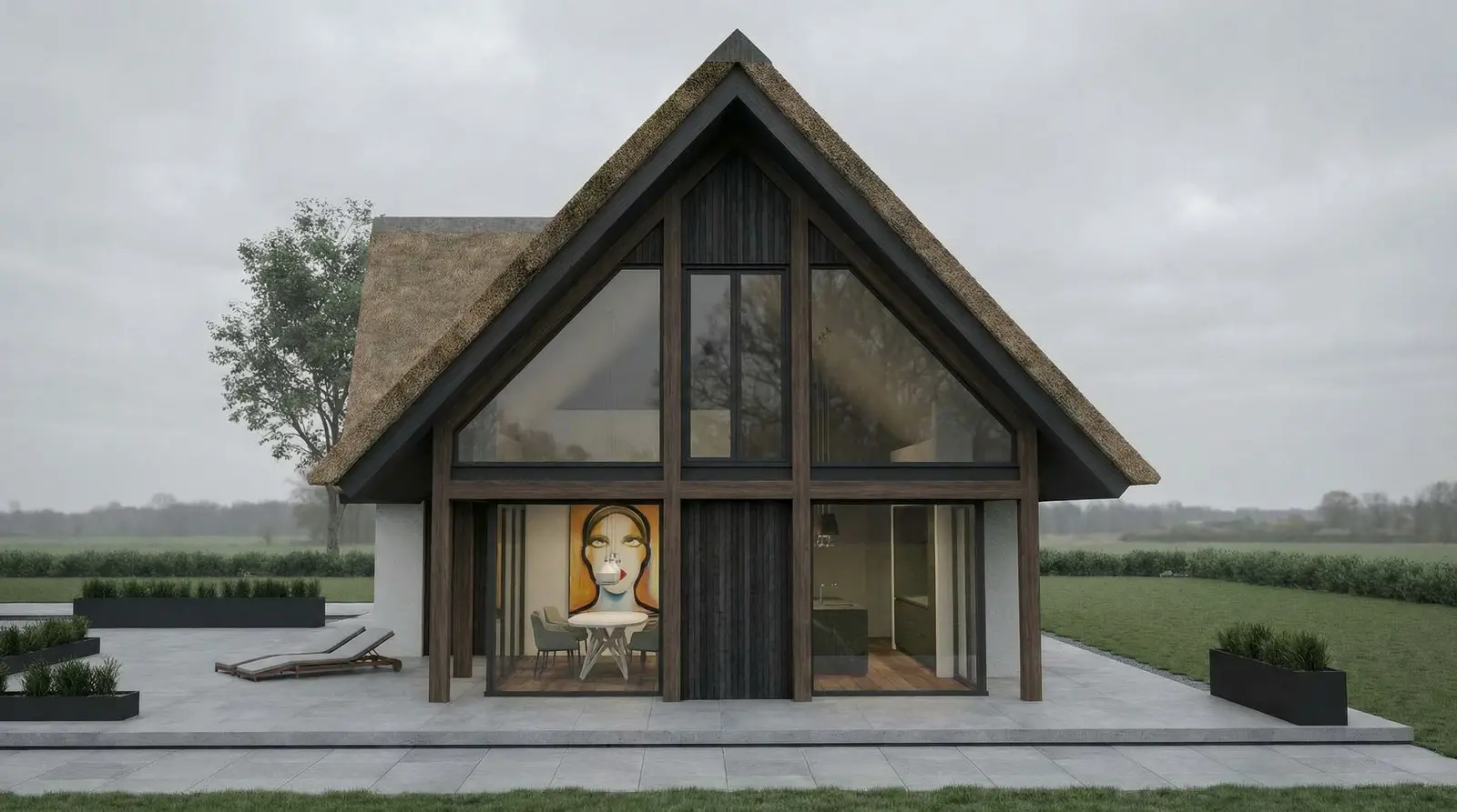Rietkapvilla facelift met luxe materialisering in riet, hout en glas; vernieuwde uitstraling aan de voorzijde.