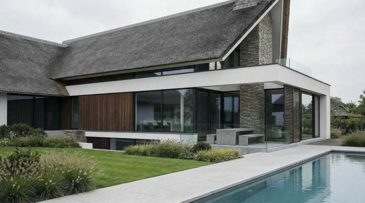 Woonkeuken met lange zichtlijn naar de tuin in een villaontwerp voor Blaricum