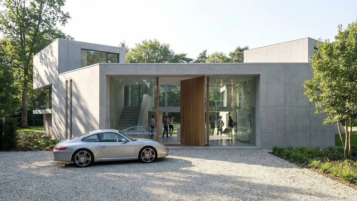 Entree van nieuwbouwvilla in Hilversum met brede houten deur en beschutte voortuin