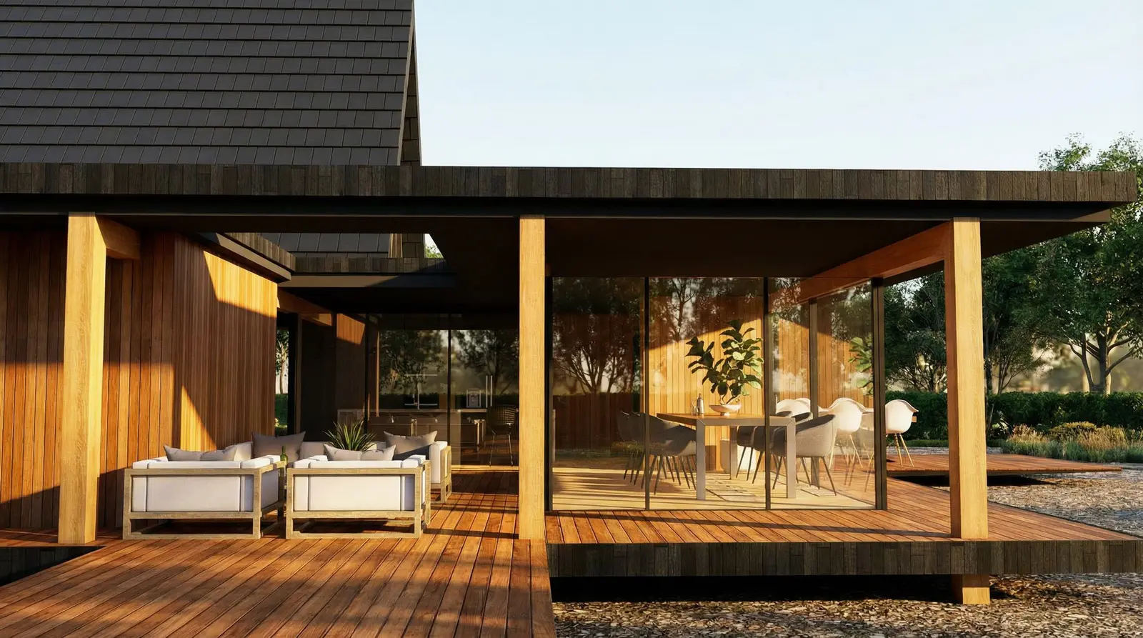 Veranda en patio met houten aanbouw in Kortenhoef