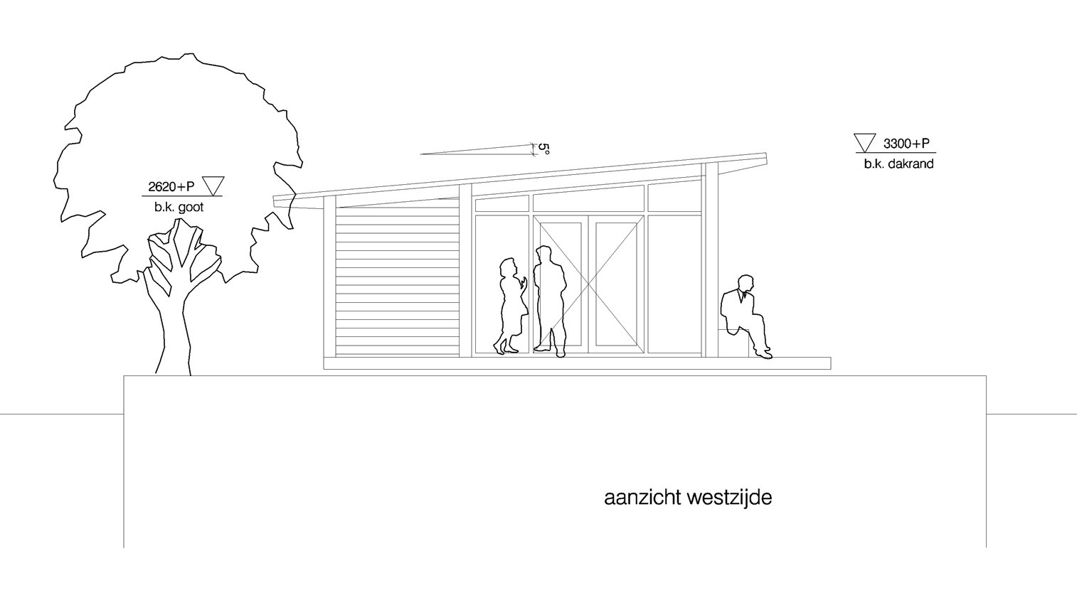 Schets van de havenzijde met opslagbanken in de gevel