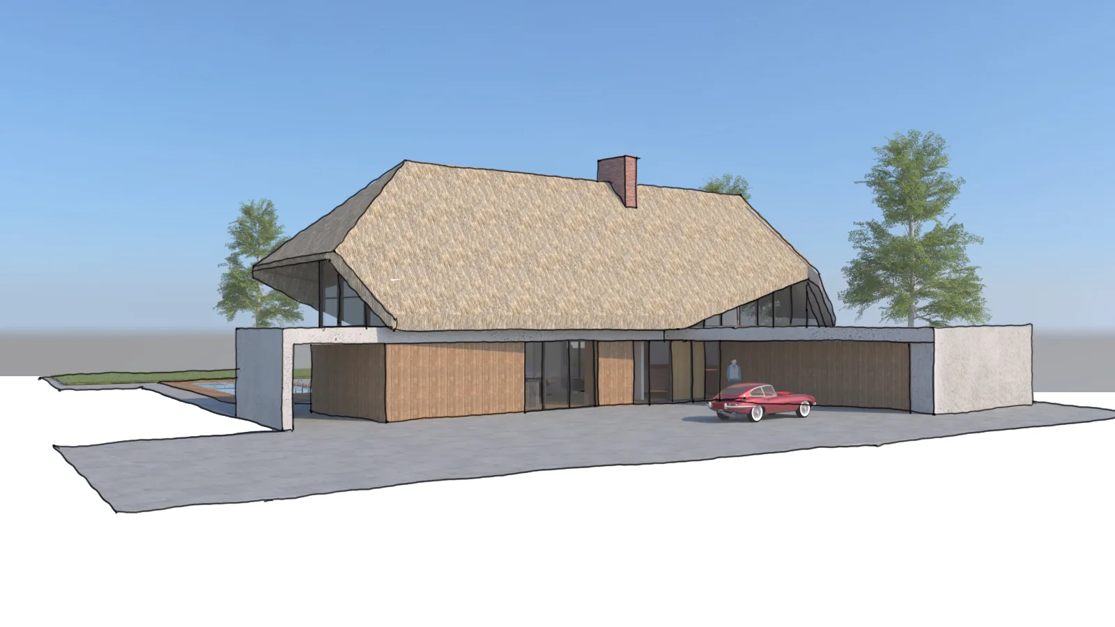 Schetsimpressie van de entreezijde van een rietgedekte villa in Loosdrecht