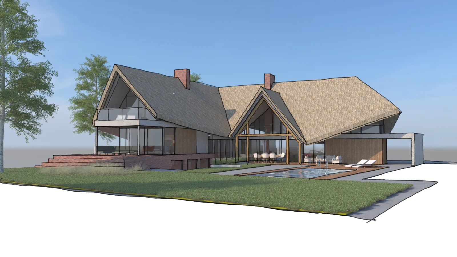 Impressie van een rietgedekte nieuwbouwvilla in Loosdrecht, gezien vanaf de tuinzijde