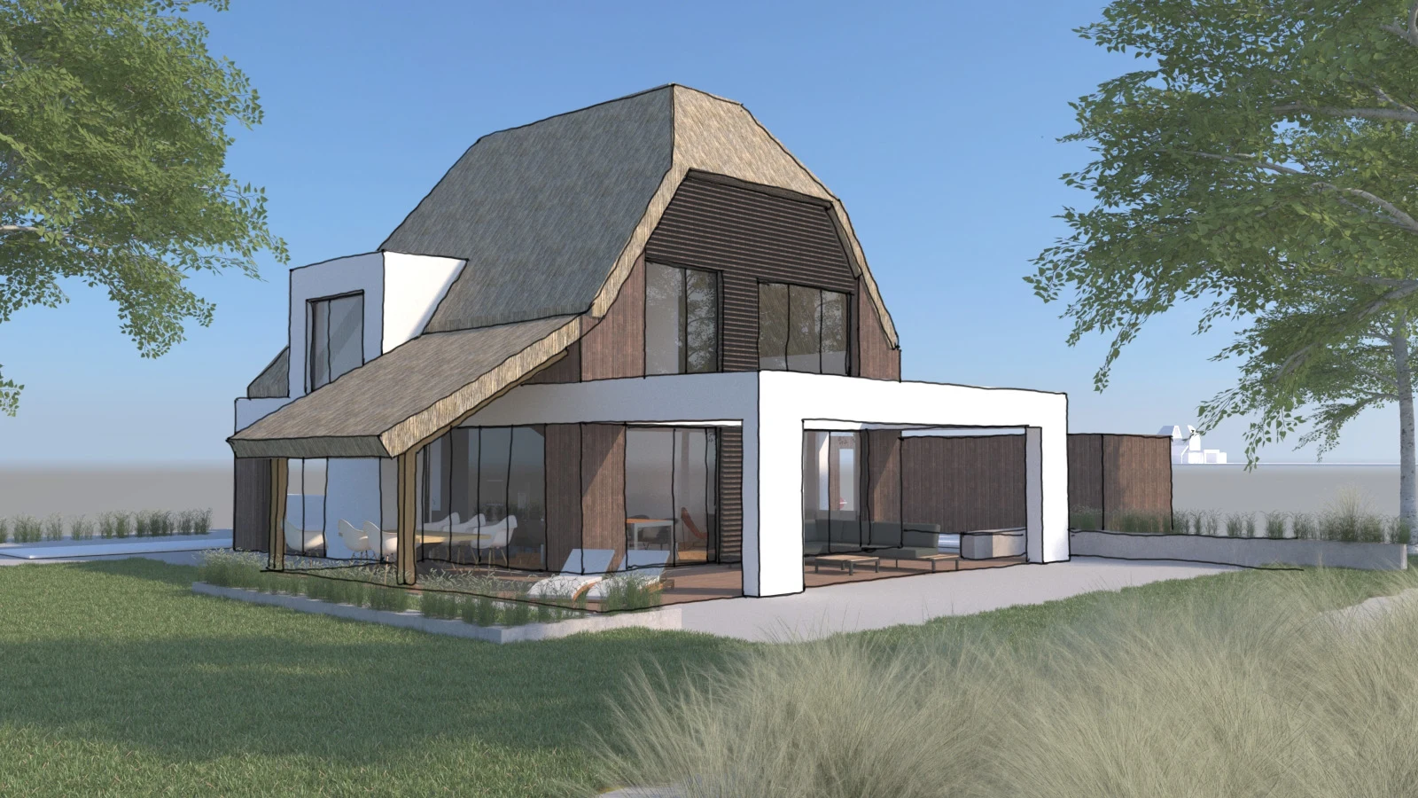 Ontwerpimpressie van een eigentijdse villa op een bouwkavel in het buitengebied van Weesp