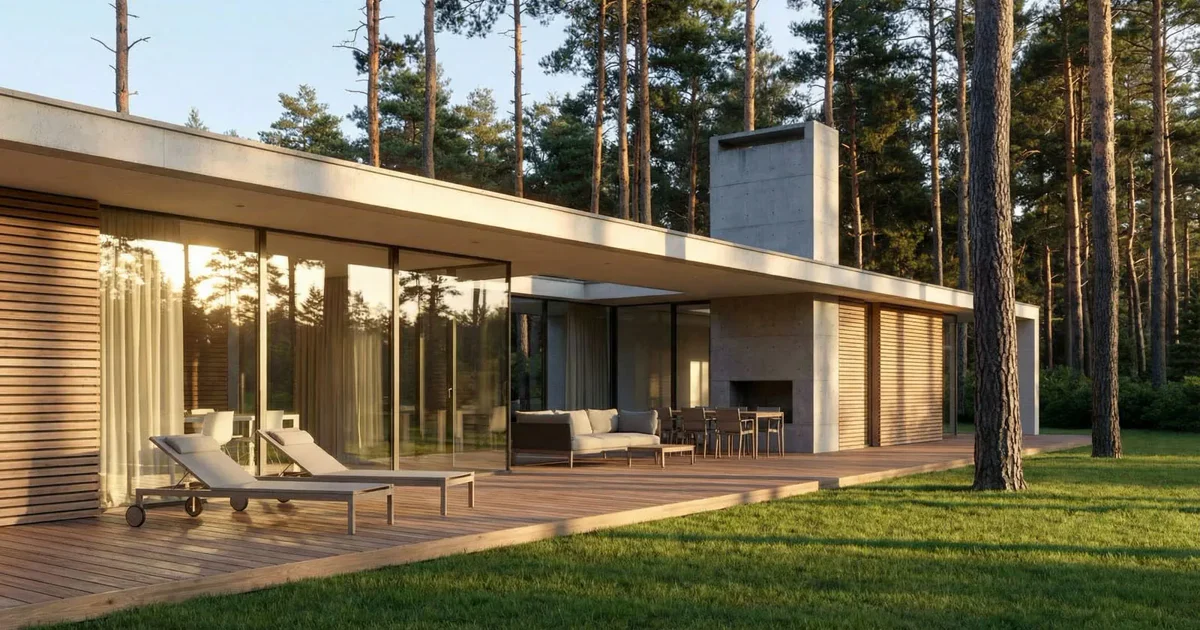 Moderne nieuwbouw villa in bosrijke omgeving met glasgevel, houten terras en doorlopende overstek