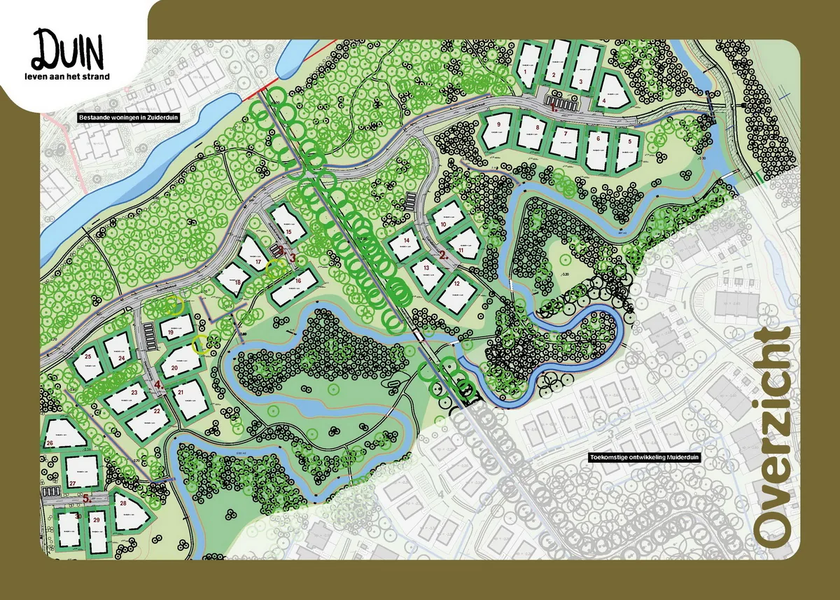 Kavelkaart Aan de Kreek: structuur van open plekken in het bos en verdeling van kavels binnen Kreekbos Zuid.