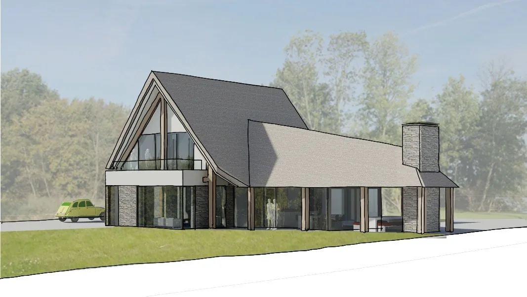Ontwerpstudie van de villa met rieten kap op een smal perceel in Kortenhoef.