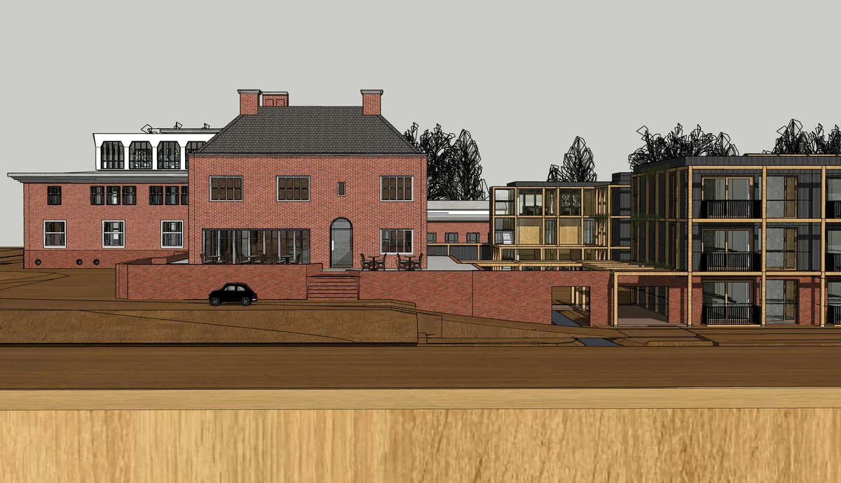 Impressie: doorgetrokken keermuur als ruimtelijke drager tussen monument en nieuwbouw