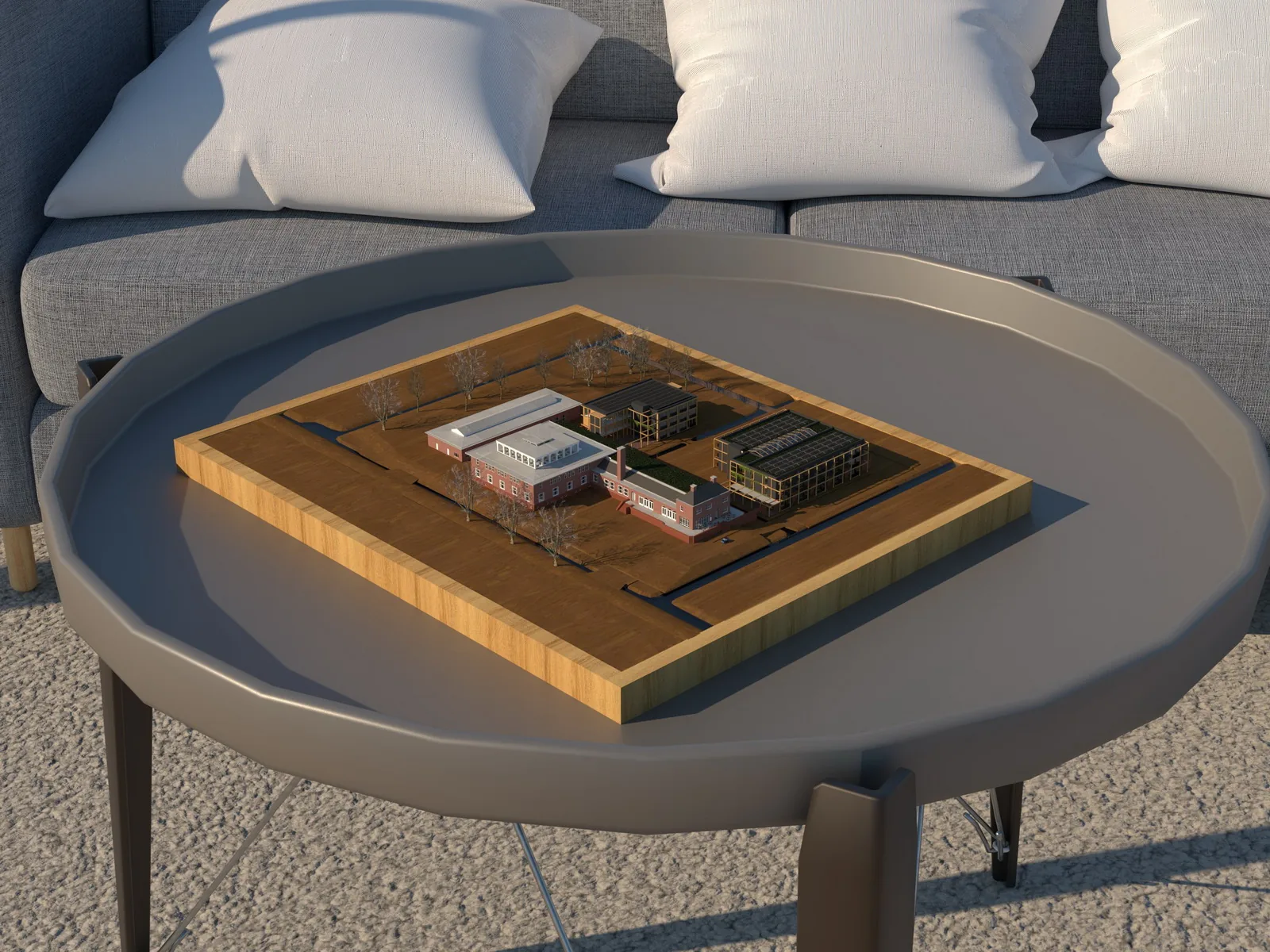 Maquettebeeld van herbestemming NERA gebouw en het terrein met nieuwe volumes