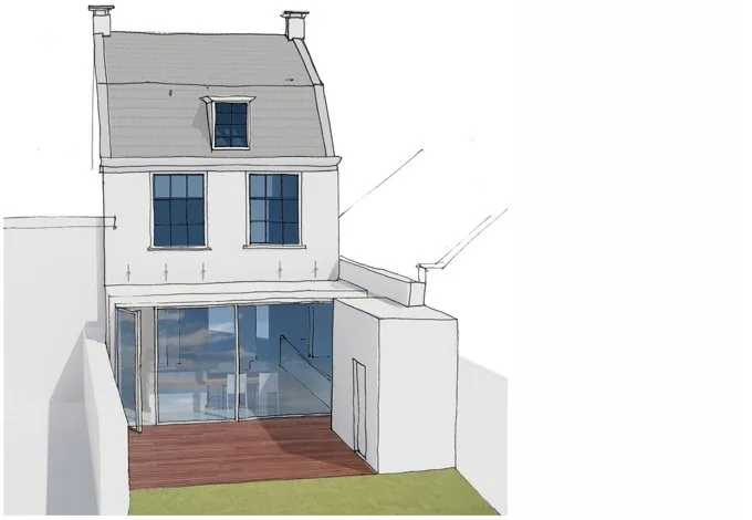 Glazen aanbouw aan rijksmonument in Vreeland met zicht op de tuinzijde