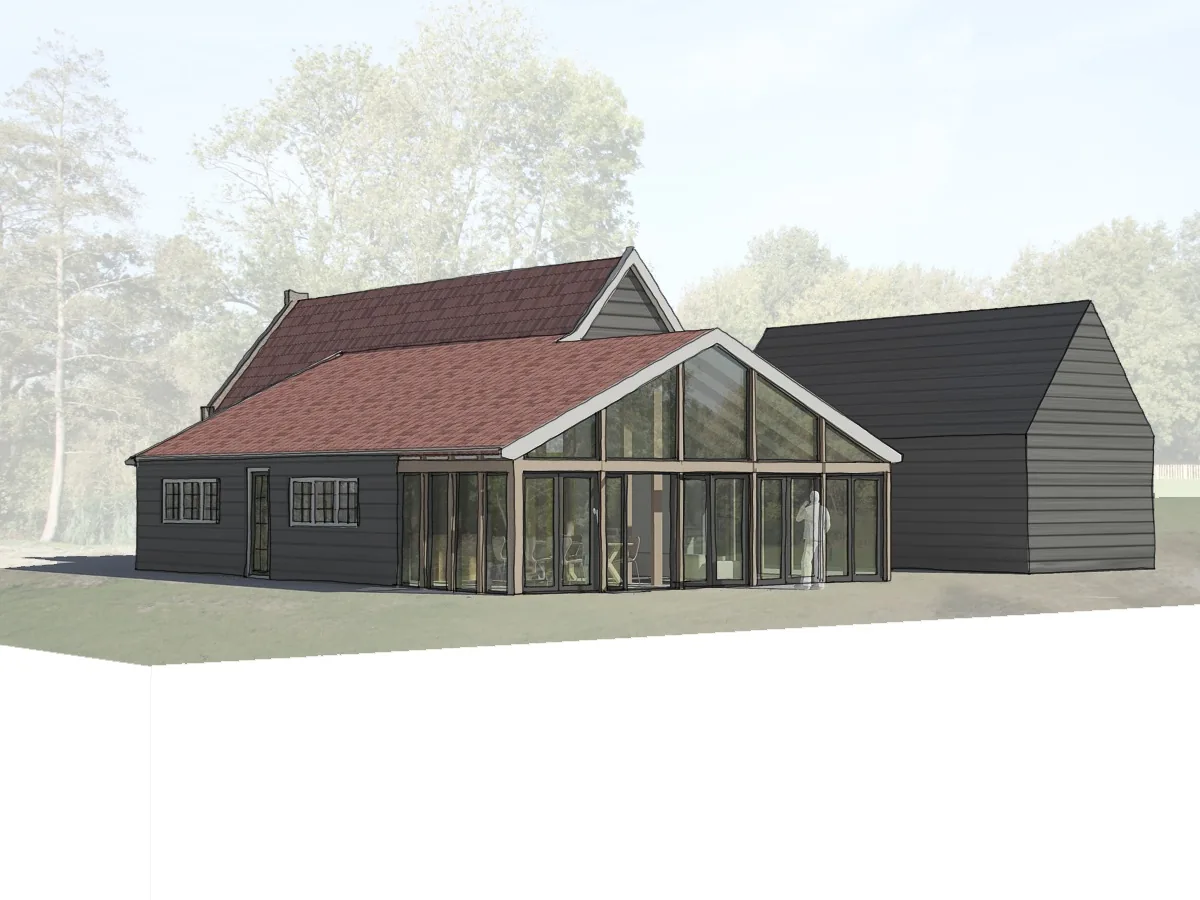 Achtergevel van De Warme Hand met nieuwe uitbouw en grote puien