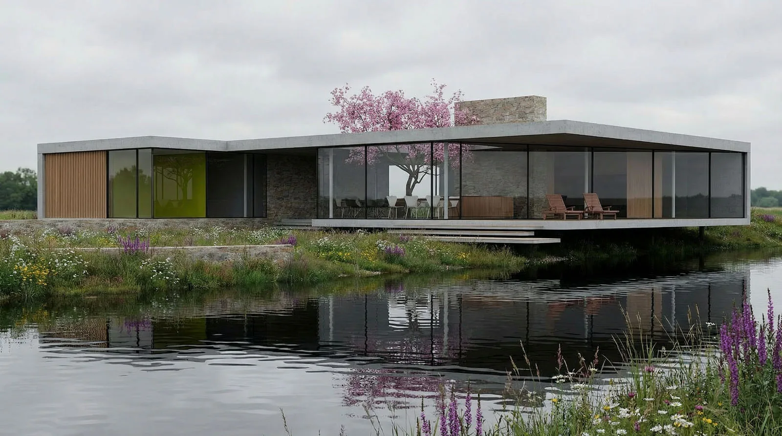 Contrast in materialisatie: wit betonframe, natuursteen kern en warme houtlamellen