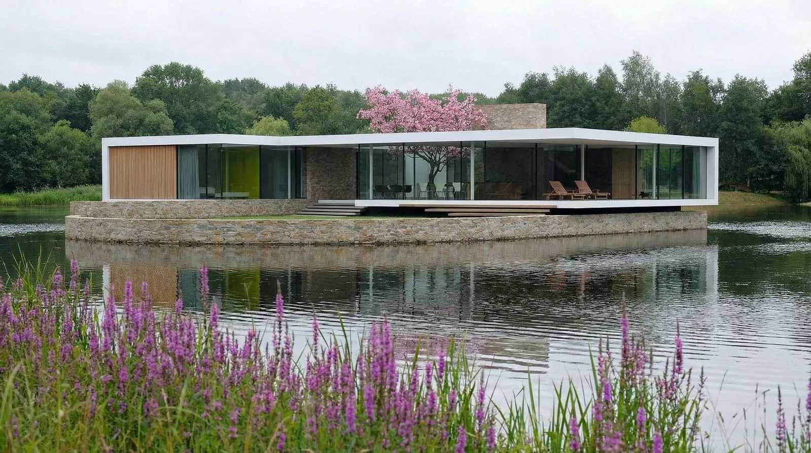 Verhoogd paviljoen met oeverafwerking en robuuste waterveiligheidsstrategie