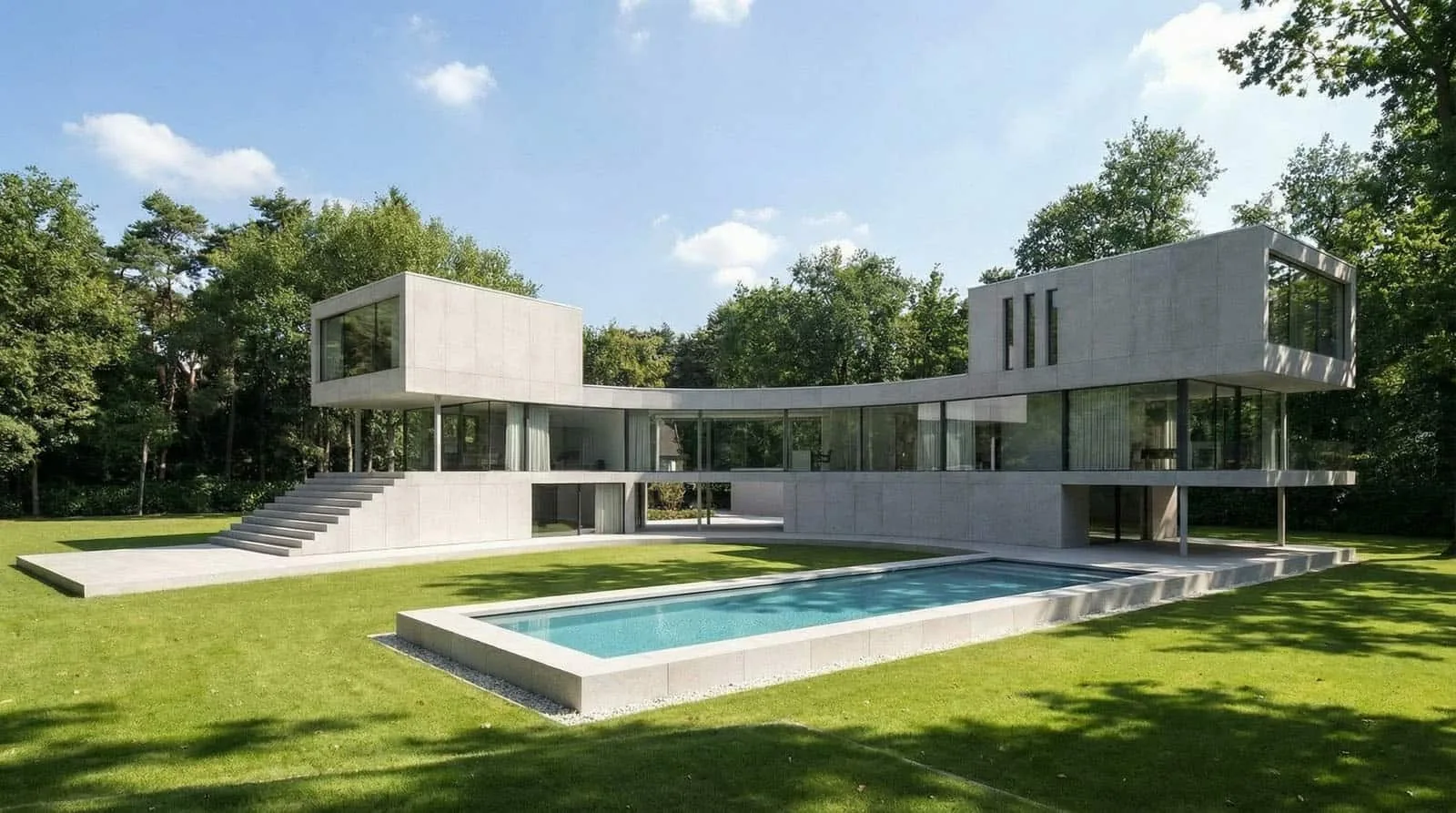 Gebogen gevel vormt de overgang tussen woonruimte, terras en landschap in de Vechtstreek.