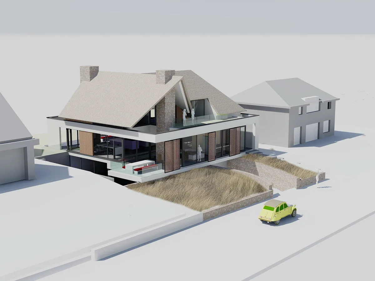 Duinvilla met rieten kap: balans tussen geslotenheid en transparantie richting duinen.