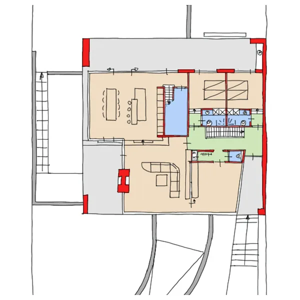 Ontwerpschets van de duinvilla in Zandvoort met uitgewerkte zichtlijnen, privacyzones en bezonning langs de boulevard.