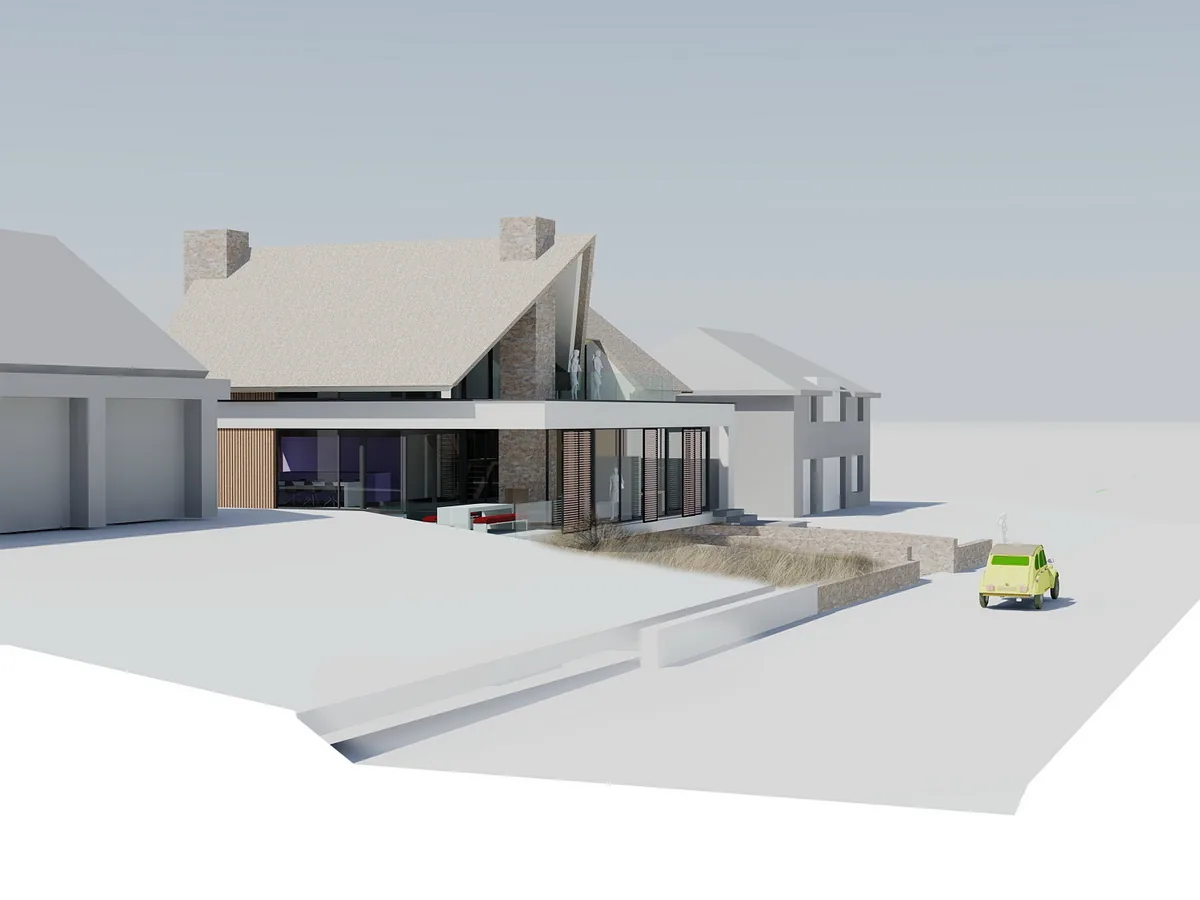 Duinvilla met rieten kap: tijdloze compositie en robuuste engineering passend bij kustcondities.