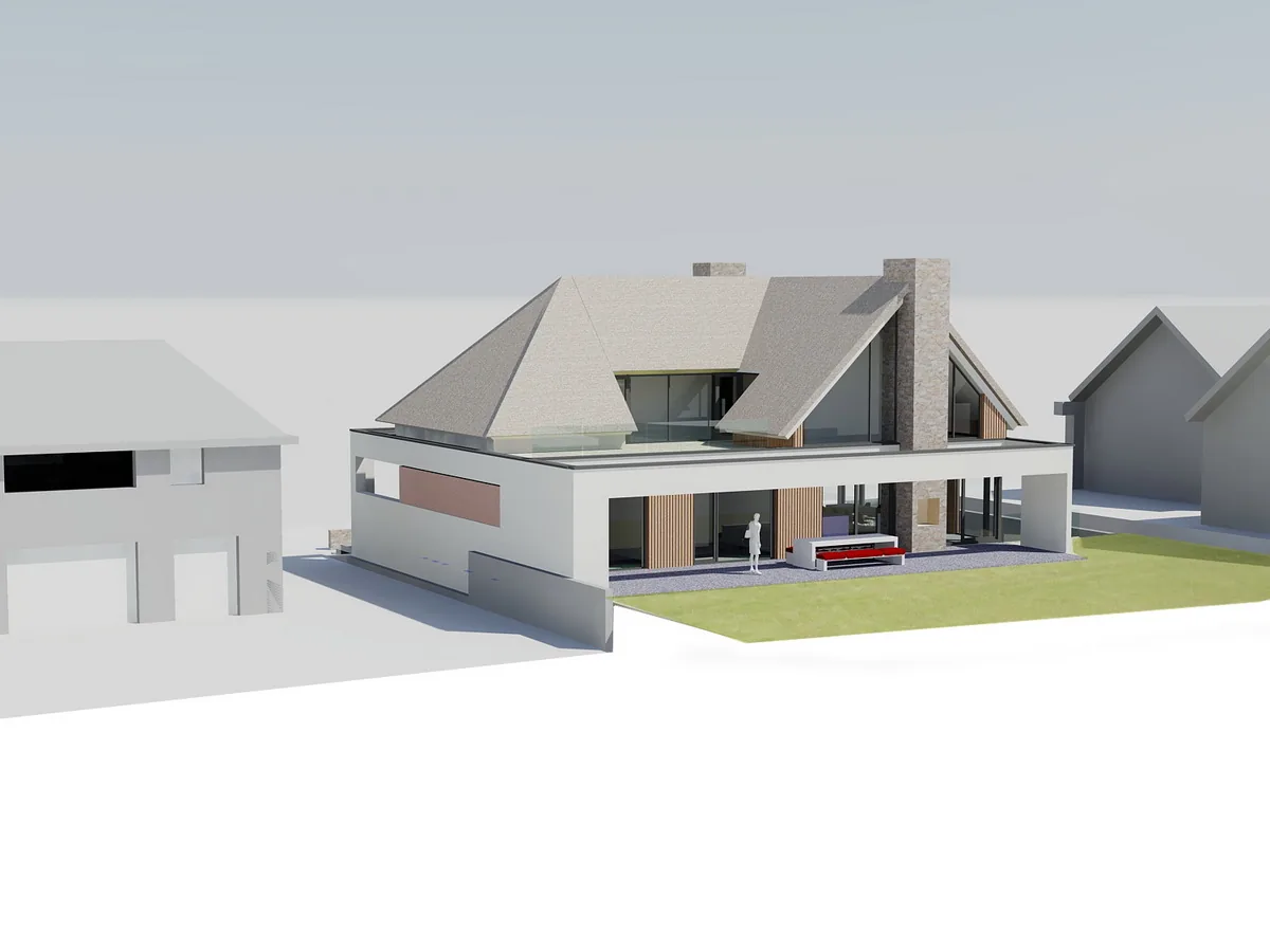 Zijaanzicht duinvilla Zandvoort met rieten kap en grote openingen; verhoogde positionering voor privacy en zichtlijnen.