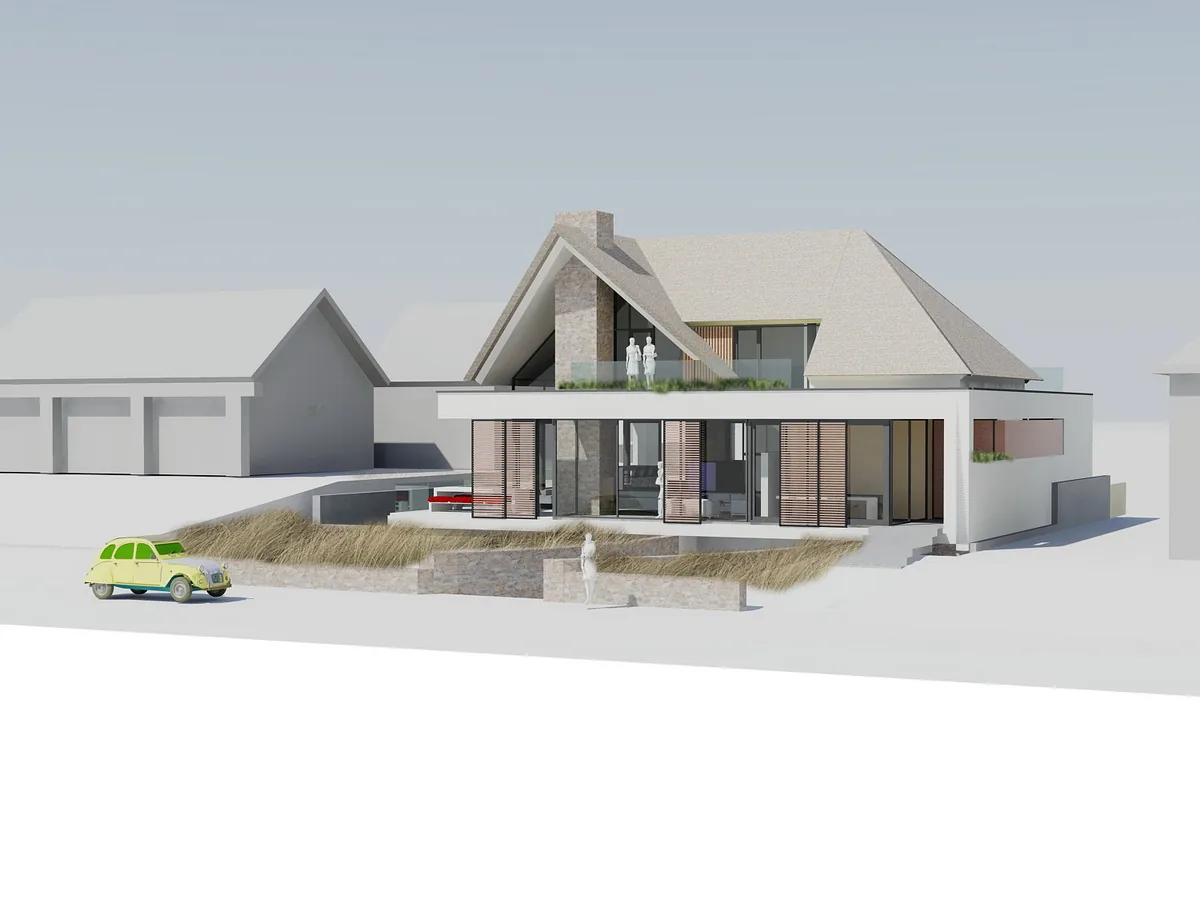 Zicht op de villa in duincontext: riet, wit stucwerk en scherpe detaillering.