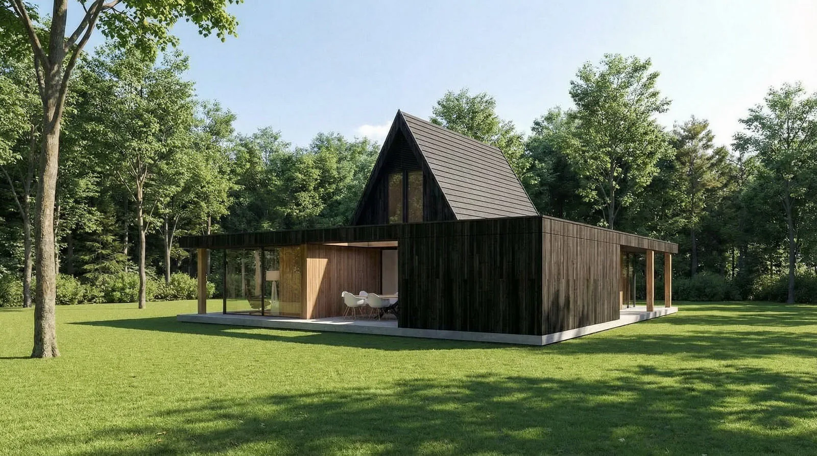 Patio-lounge naast de woning met directe zichtlijn naar keuken en eetruimte.