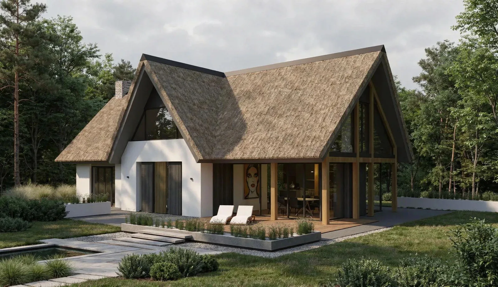 Ontwerp dwarskap bij rietkapvilla: markante entree en extra ruimte op de verdieping door kapaanpassing.