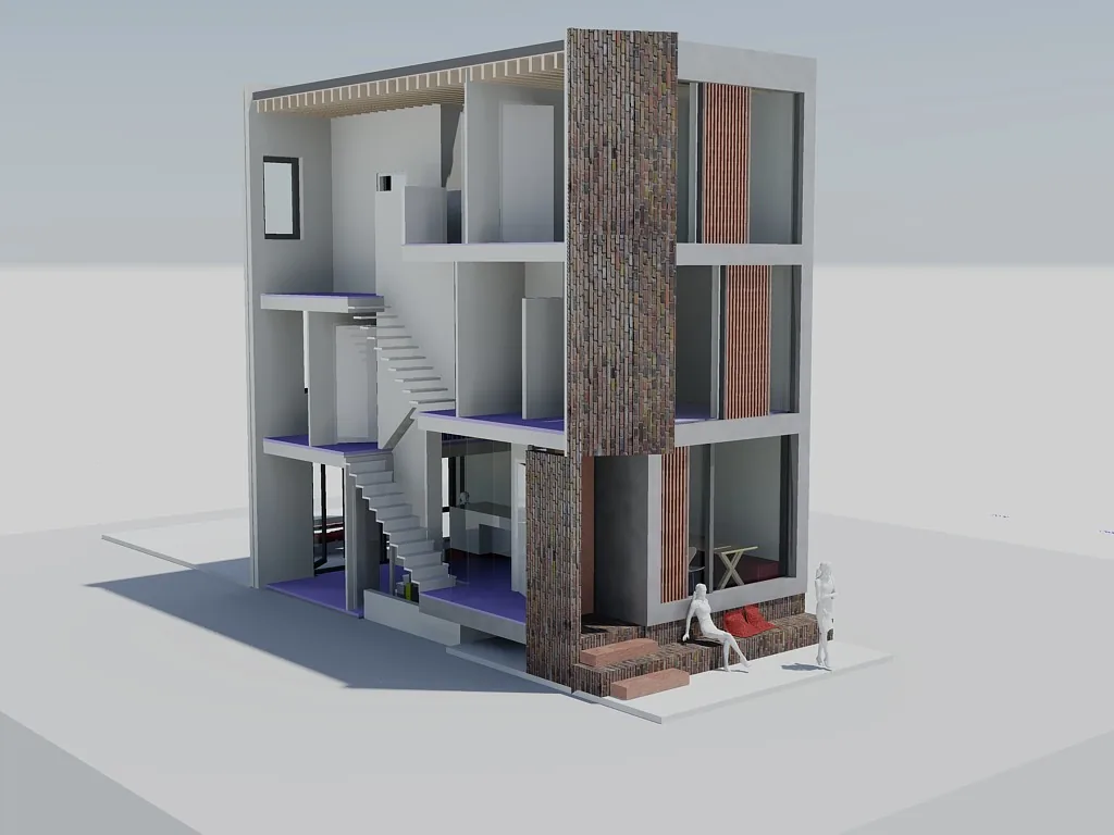 Split-level plattegrond met scheiding tussen verkeersruimten en verblijfsruimten