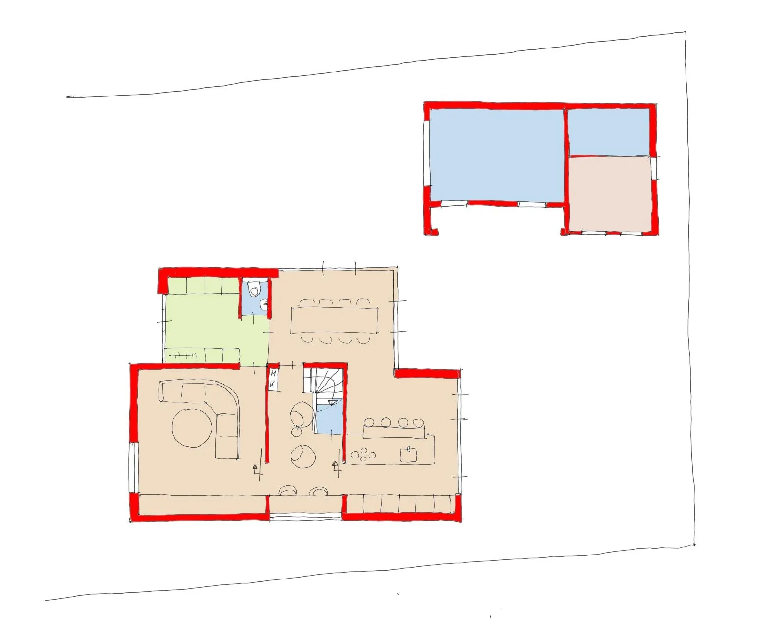 Plattegrond van eetkeuken en veranda binnen de prefab houtskeletuitbreiding