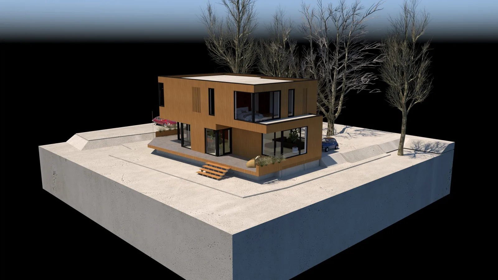 Houten villa met horizontale belijning en ruime overstekken