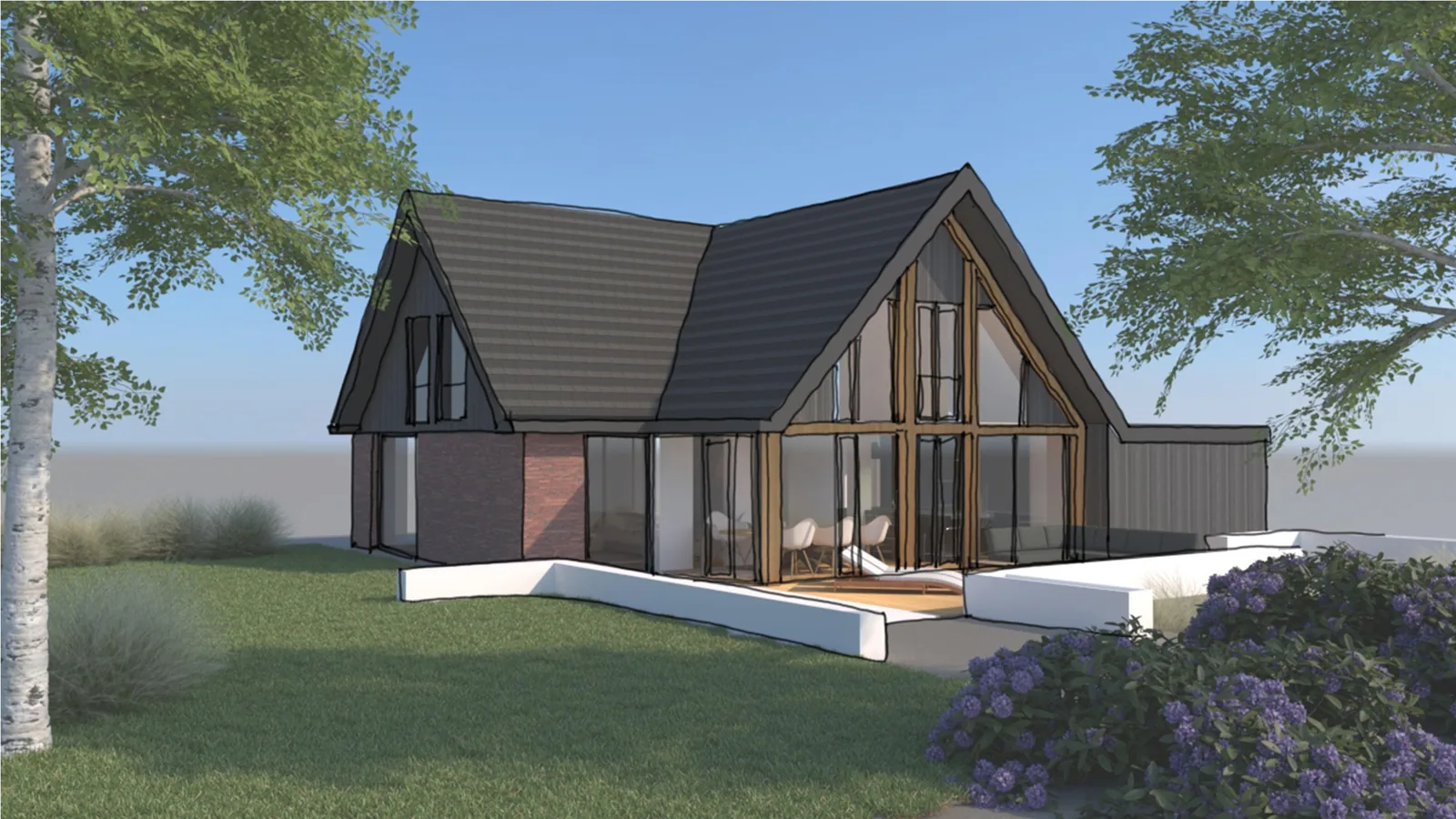 Impressie van een schetsontwerp voor de verbouwing van een woning in Woerden met glazen tuingevel