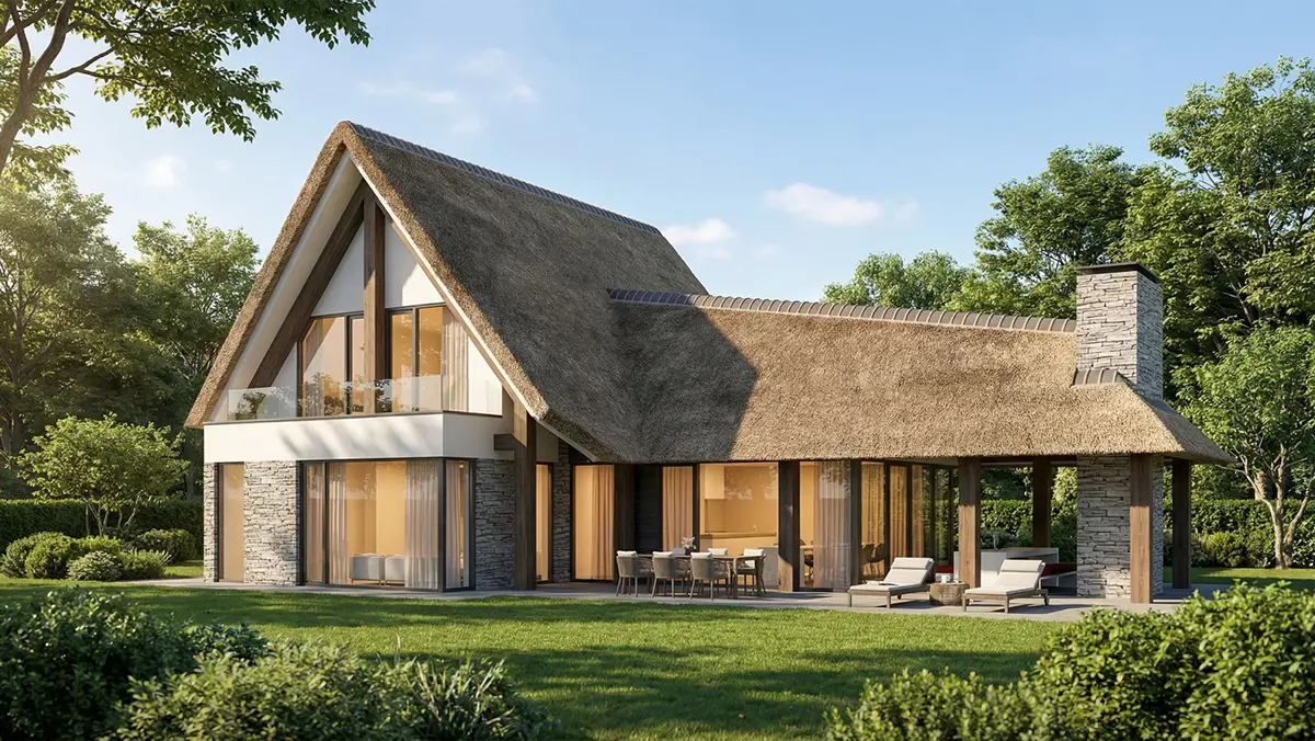 Moderne villa met rieten kap in Vinkeveen, ontworpen voor wonen aan het water