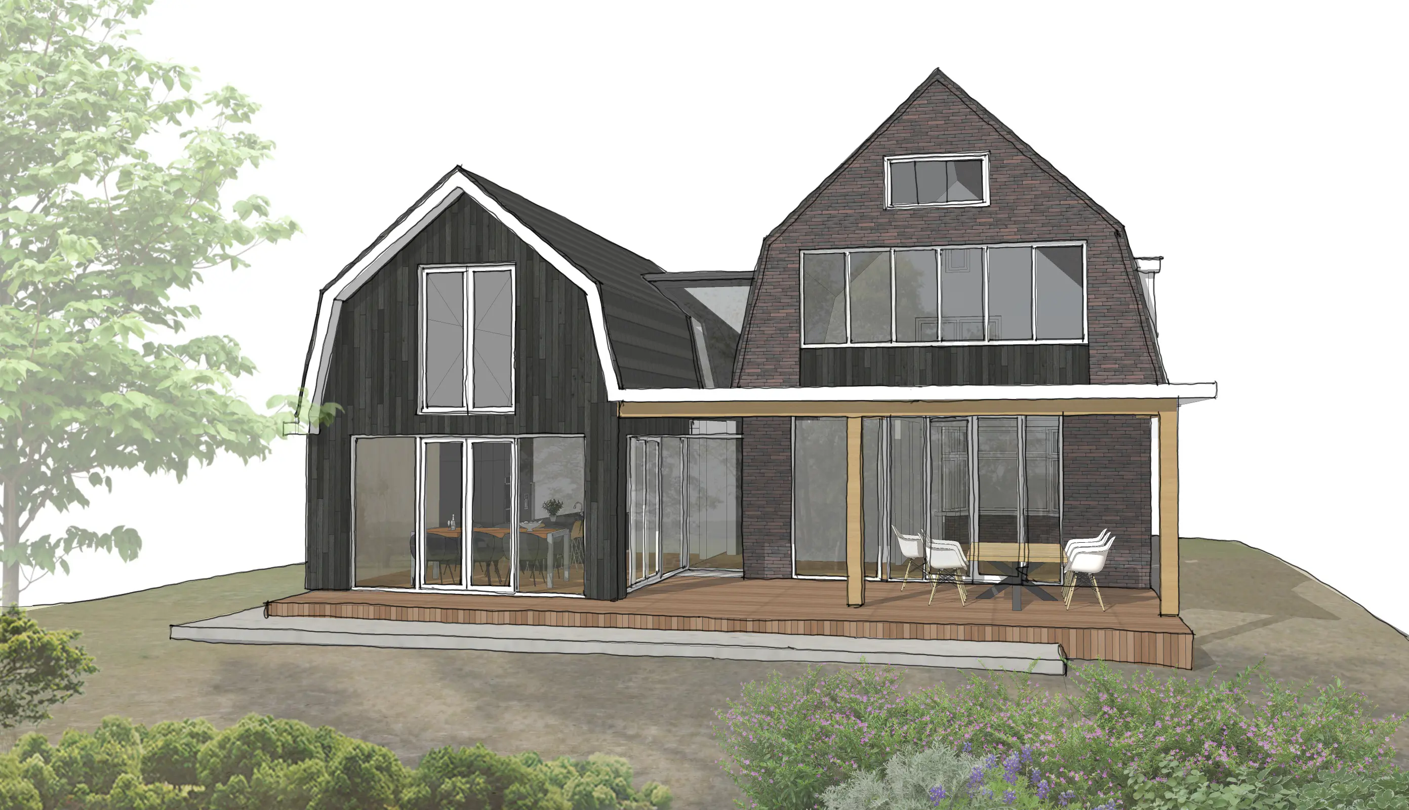 Vergunningsvrije veranda die eetkeuken en woonkamer verbindt