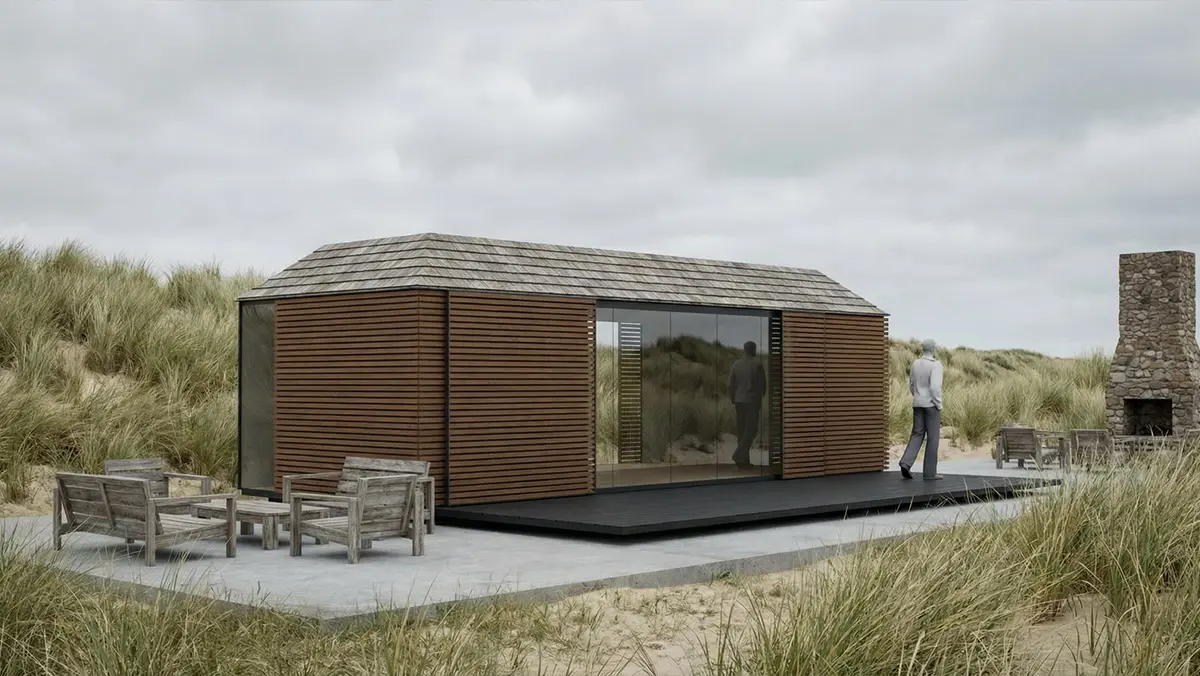Eigentijdse recreatiewoning met houten schermen in Loosdrecht, architect Wijdemeren
